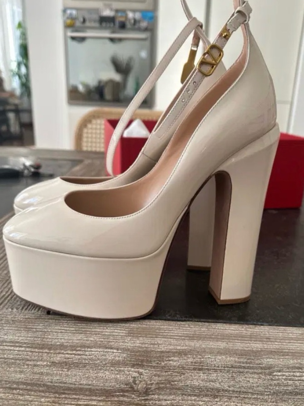 Valentino Garavani Cream Patent Platform Slingback Pumps